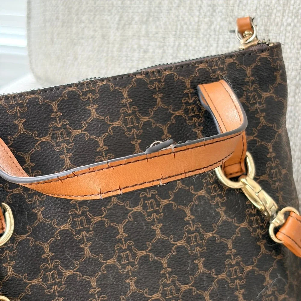 Nanette Lepore Convertible‎ Backpack Crossbody Large Brown Monogram Tan Trim Bag